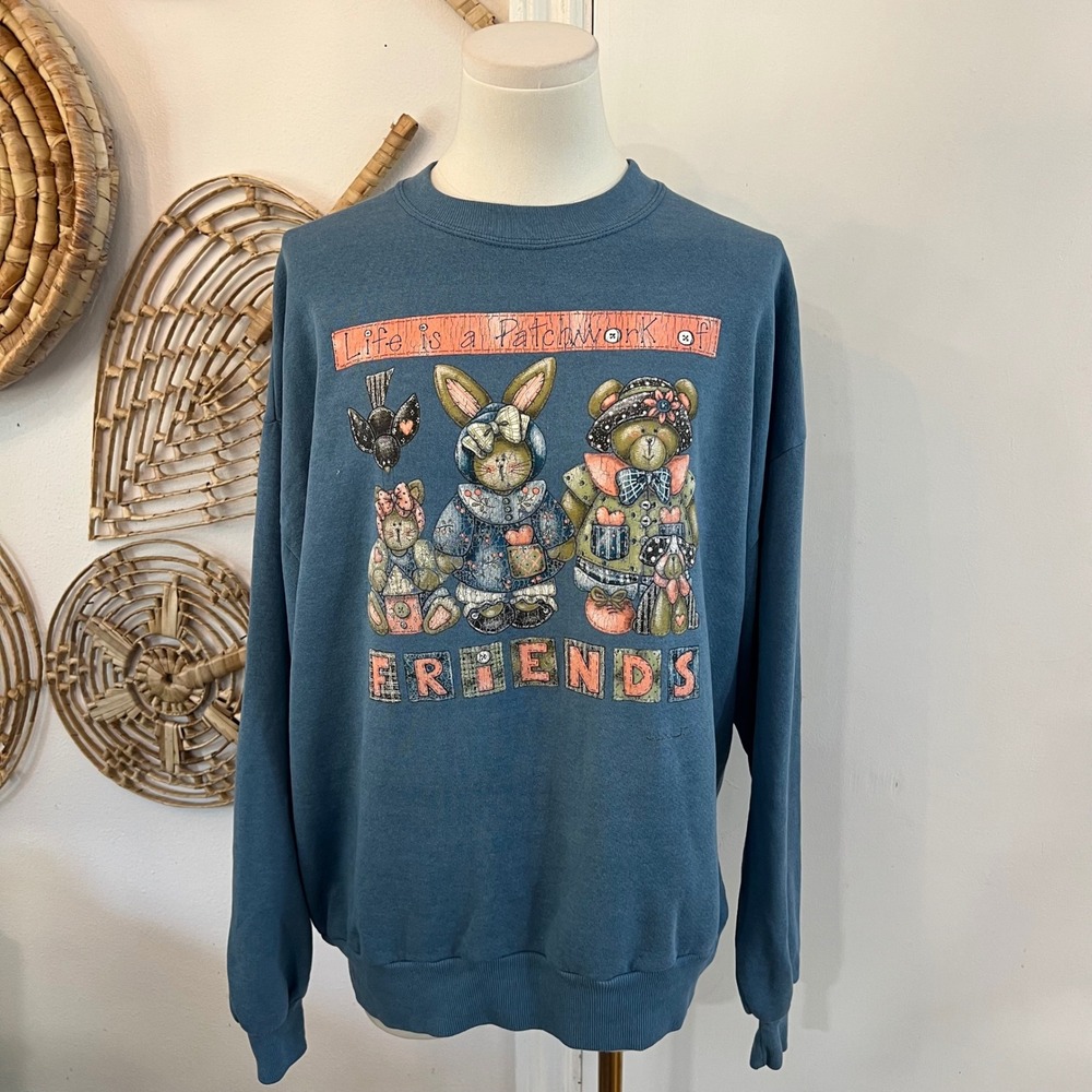 Vintage Jerzees Patchwork Friends Graphic Sweatshirt Cottagecore USA XL - Picture 2 of 11